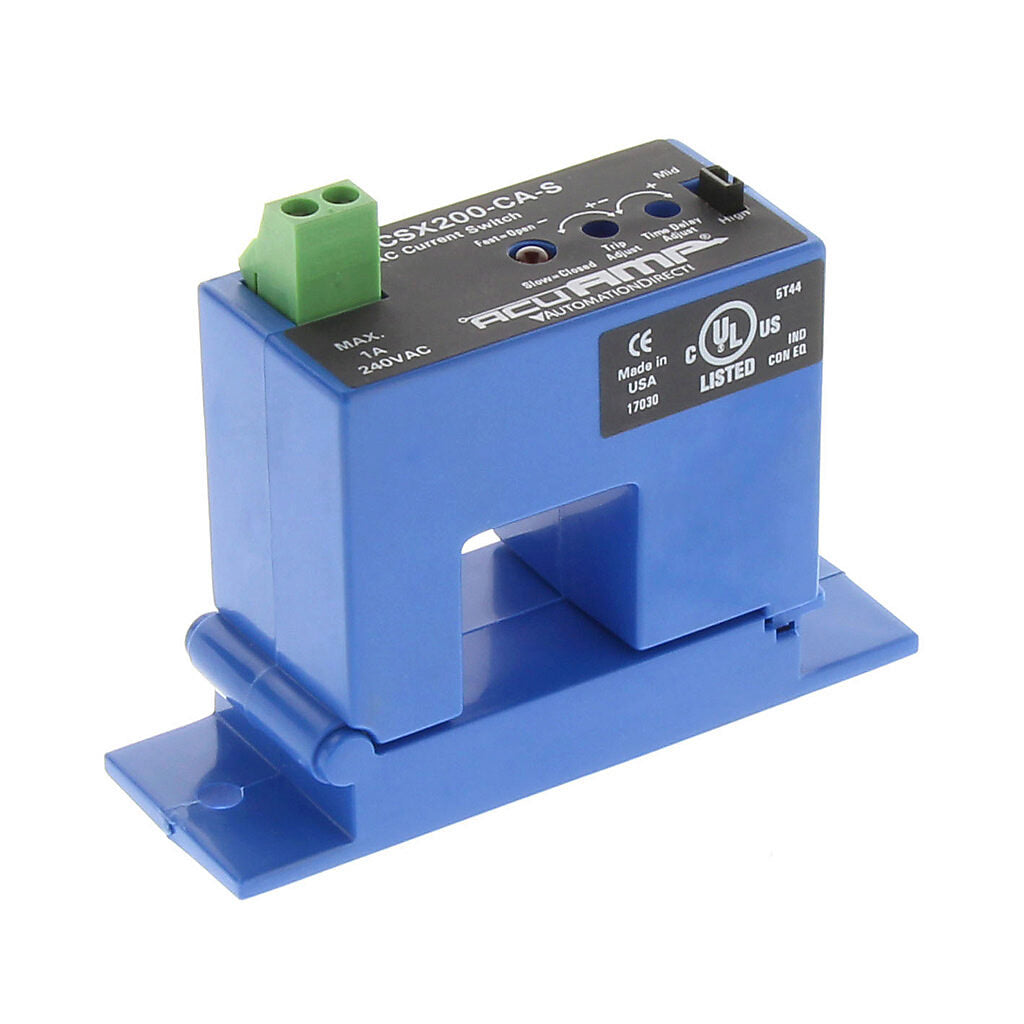 AcuAMP AC current switch, split core, 2-12, 12-55, or 55-200A selectable sensing range, 2-200A adjustable trip point, 4-turn potentiometer, solid state switch, N.C., adjustable time delay output, 1A @ 240 VAC output rating.-ACSX200-CA-S