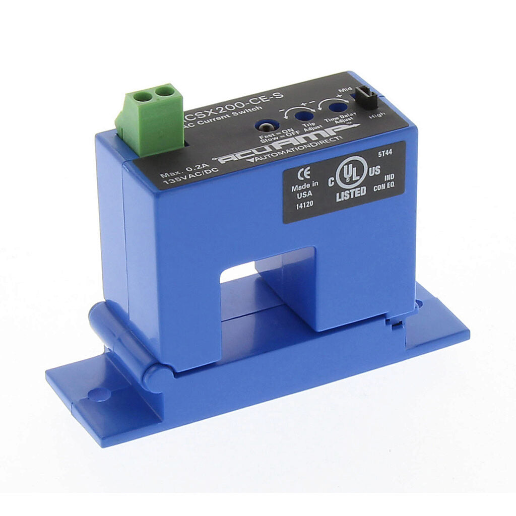 AcuAMP AC current switch, split core, 2-12, 12-55, or 55-200A selectable sensing range, 2-200A adjustable trip point, 4-turn potentiometer, solid state switch, N.C., adjustable time delay output, 0.2A @ 135 VAC/VDC output rating.-ACSX200-CE-S