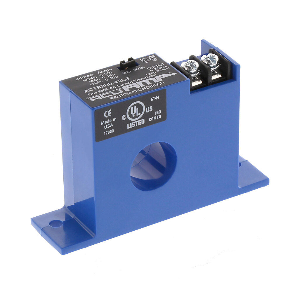 AcuAMP AC current transducer, 1-phase, fixed core, 0-100, 0-150, or 0-200A selectable sensing range, True RMS, 4-20 mA output.-ACTR200-42L-F