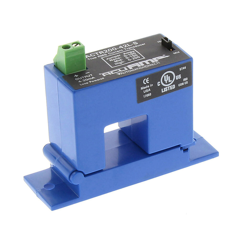 AcuAMP AC current transducer, 1-phase, split core, 0-100, 0-150, or 0-200A selectable sensing range, True RMS, 4-20 mA output.-ACTR200-42L-S