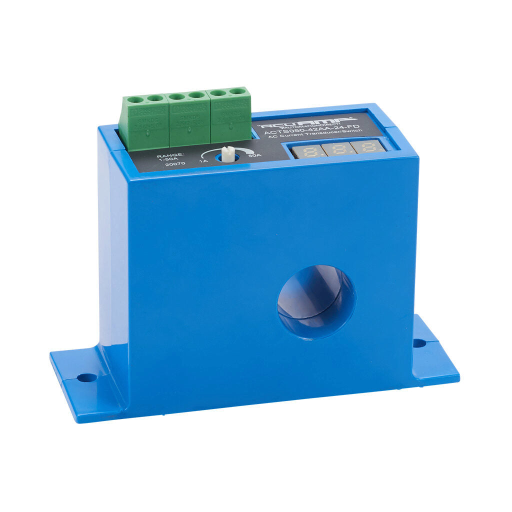AcuAMP AC current transducer/switch, 1-phase, fixed core, 0-50A sensing range, 1-50A adjustable trip point, single-turn potentiometer with trip point display, 4-20 mA or solid state switch, N.O. output, 1A @ 240 VAC output rating.-ACTS050-42AA-24-FD