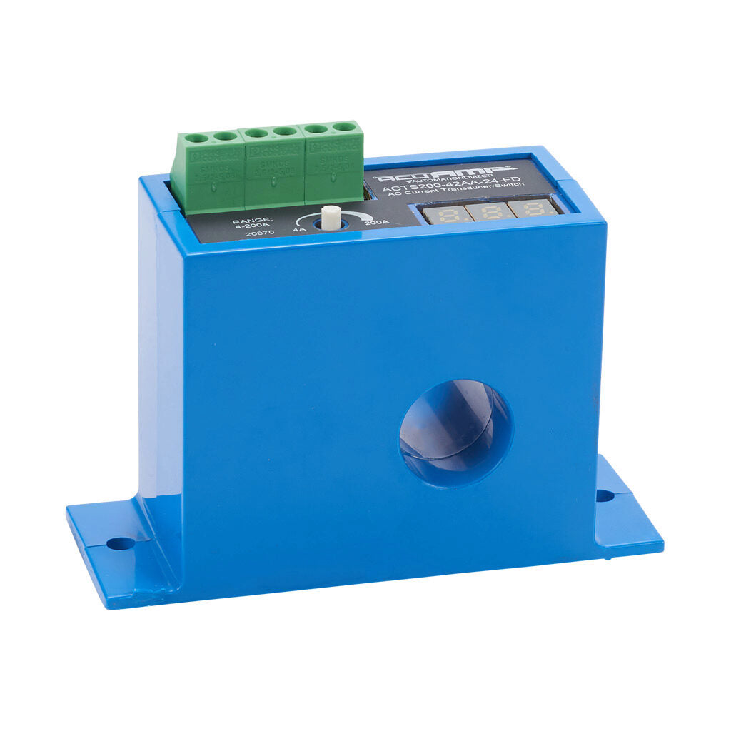 AcuAMP AC current transducer/switch, 1-phase, fixed core, 0-200A sensing range, 4-200A adjustable trip point, single-turn potentiometer with trip point display, 4-20 mA or solid state switch, N.O. output, 1A @ 240 VAC output rating.-ACTS200-42AA-24-FD