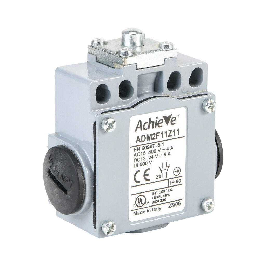 AchieVe IEC limit switch, metal plunger, 90-degree adjustable head, (1) N.O./(1) N.C. contact(s), snap action, 20-22mm or 40-42mm hole spacing, zinc alloy, (3) 1/2in NPT entries.-ADM2F11Z11