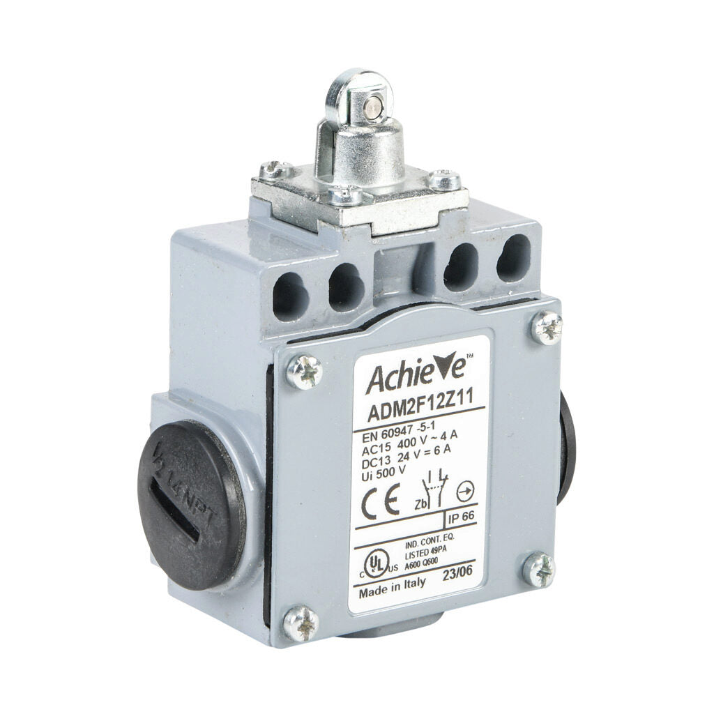 AchieVe IEC limit switch, metal plunger with metal roller, 90-degree adjustable head, (1) N.O./(1) N.C. contact(s), snap action, 20-22mm or 40-42mm hole spacing, zinc alloy, (3) 1/2in NPT entries.-ADM2F12Z11