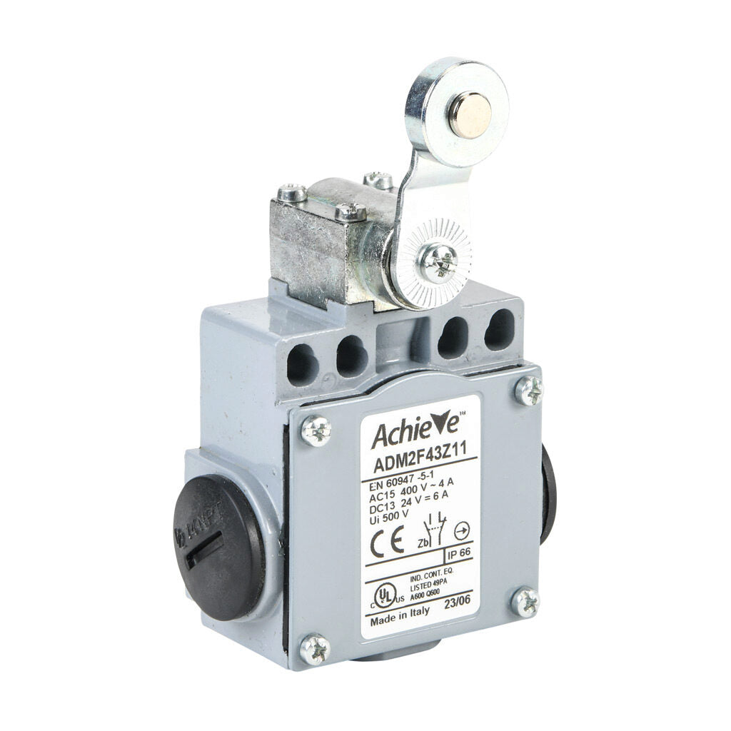 AchieVe IEC limit switch, side rotary lever with 18mm metal roller, 90-degree adjustable head, (1) N.O./(1) N.C. contact(s), snap action, 20-22mm or 40-42mm hole spacing, zinc alloy, (3) 1/2in NPT entries.-ADM2F43Z11