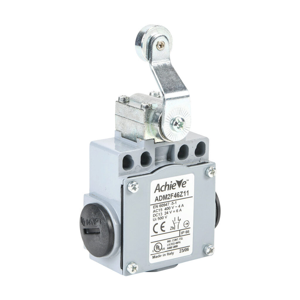 AchieVe IEC limit switch, side rotary lever inward with 18mm metal roller, 90-degree adjustable head, (1) N.O./(1) N.C. contact(s), snap action, 20-22mm or 40-42mm hole spacing, zinc alloy, (3) 1/2in NPT entries.-ADM2F46Z11