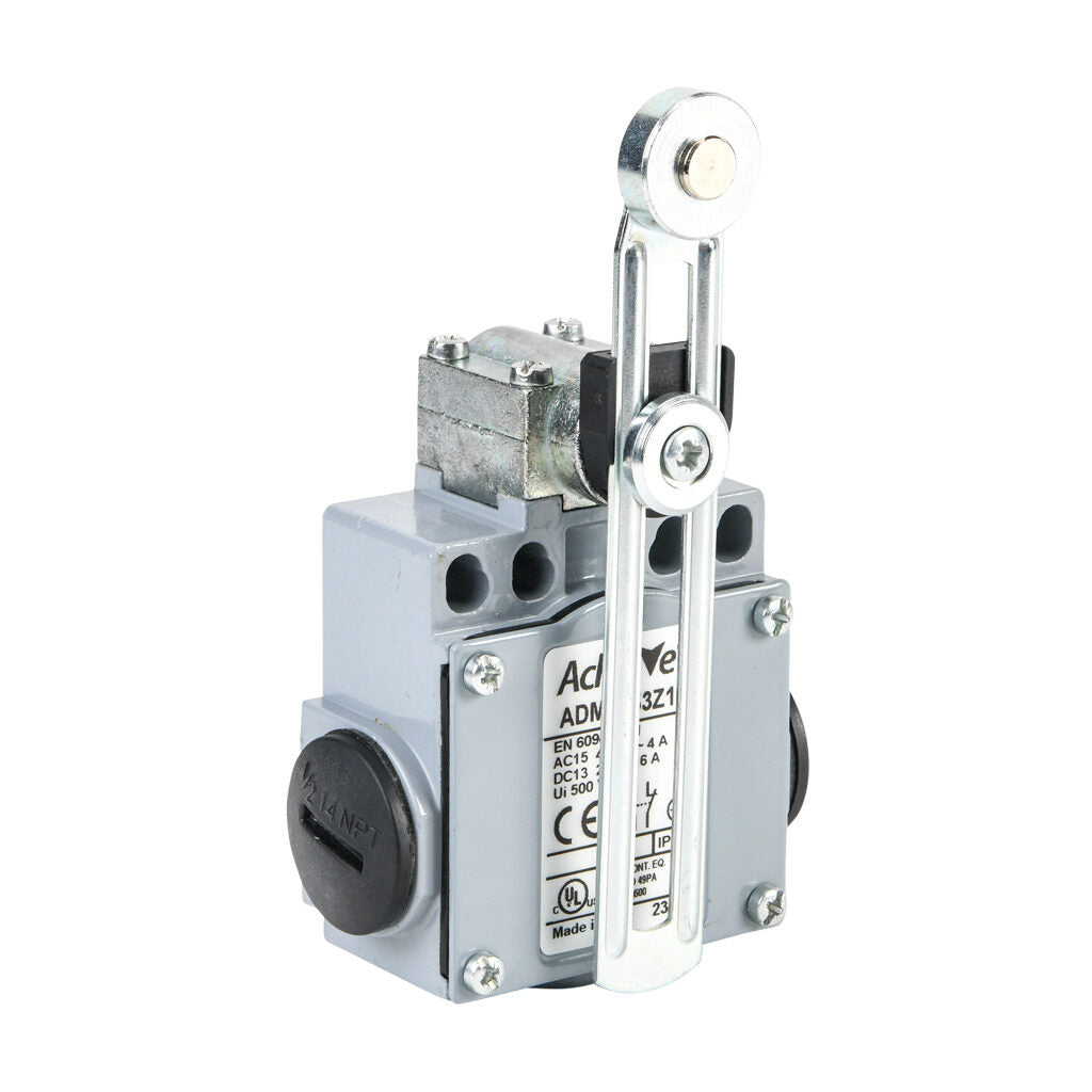 AchieVe IEC limit switch, side rotary adjustable metal lever with 18mm metal roller, 90-degree adjustable head, (1) N.O./(1) N.C. contact(s), snap action, 20-22mm or 40-42mm hole spacing, zinc alloy, (3) 1/2in NPT entries.-ADM2F53Z11