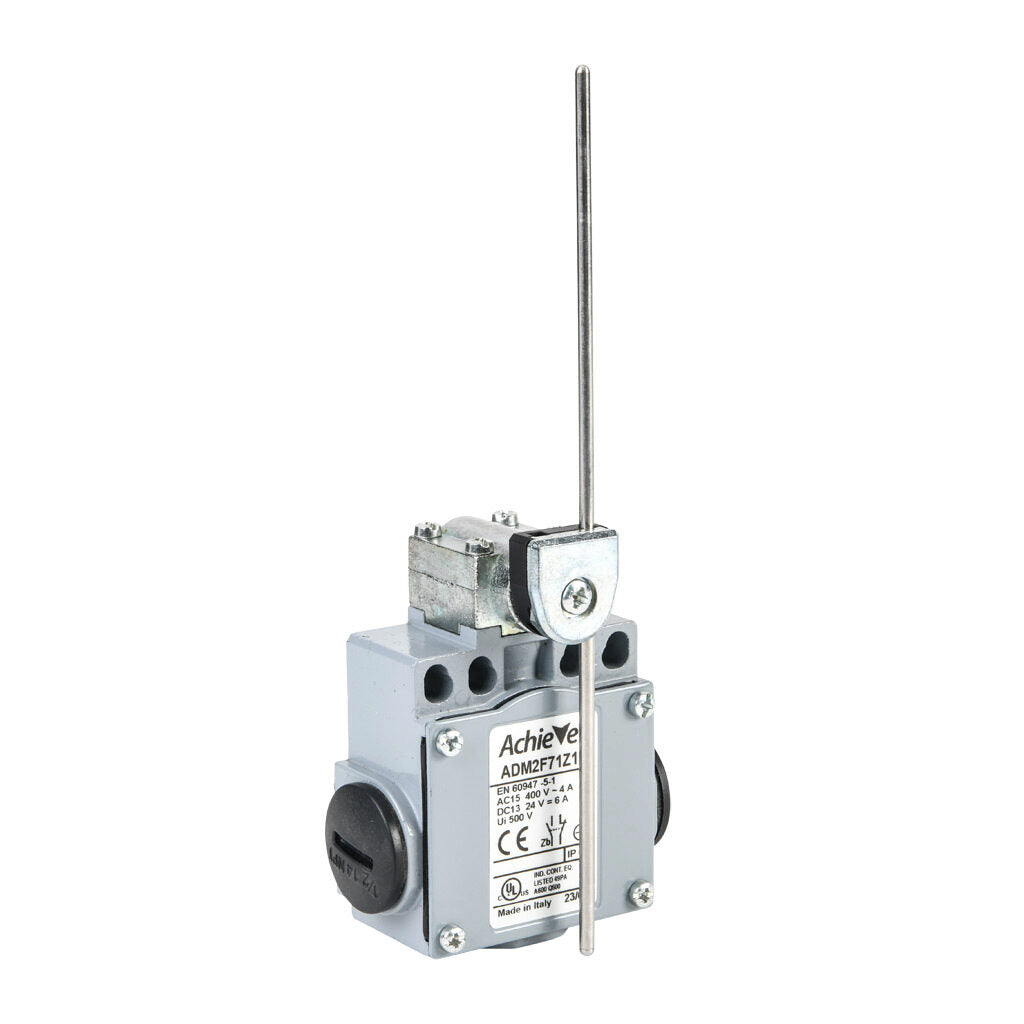 AchieVe IEC limit switch, side rotary adjustable 3mm stainless steel rod, 90-degree adjustable head, (1) N.O./(1) N.C. contact(s), snap action, 20-22mm or 40-42mm hole spacing, zinc alloy, (3) 1/2in NPT entries.-ADM2F71Z11