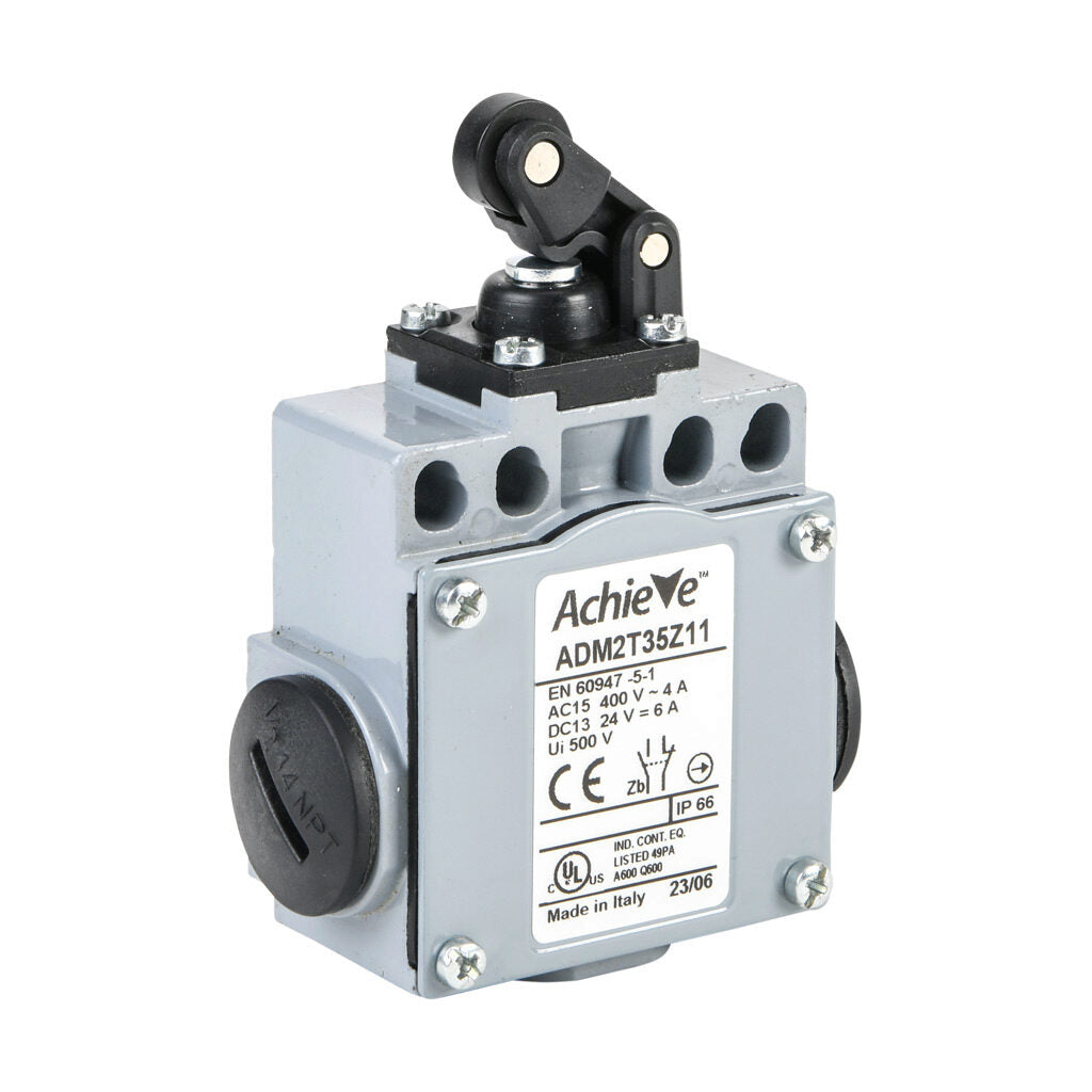 AchieVe IEC limit switch, one-way horizontal lever with metal roller and dust cap, 90-degree adjustable head, (1) N.O./(1) N.C. contact(s), snap action, 20-22mm or 40-42mm hole spacing, zinc alloy, (3) 1/2in NPT entries.-ADM2T35Z11