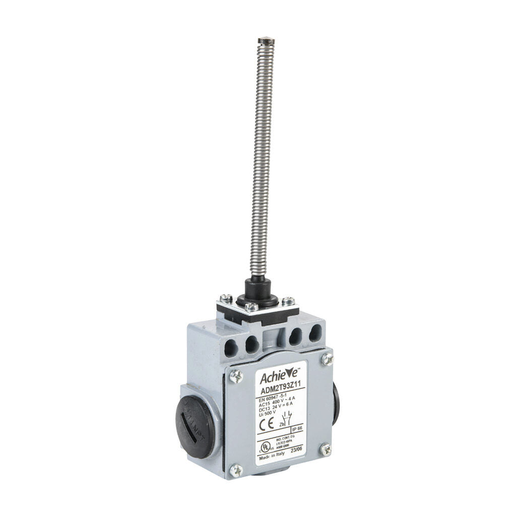 AchieVe IEC limit switch, 360 degree stainless steel spring, 90-degree adjustable head, (1) N.O./(1) N.C. contact(s), snap action, 20-22mm or 40-42mm hole spacing, zinc alloy, (3) 1/2in NPT entries.-ADM2T93Z11