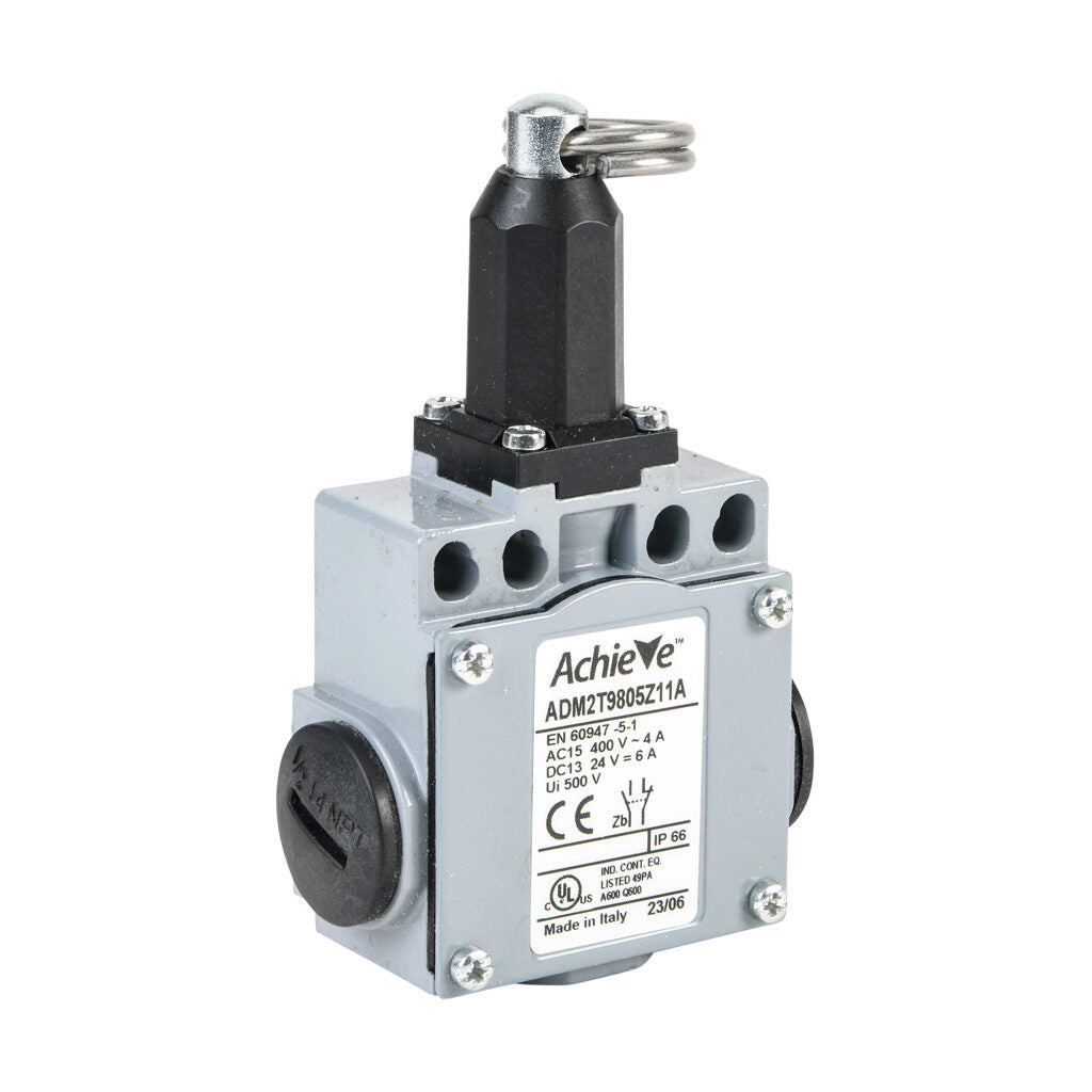 AchieVe IEC limit switch, pull action with ring, 90-degree adjustable head, (1) N.O./(1) N.C. contact(s), snap action, 20-22mm or 40-42mm hole spacing, zinc alloy, (3) 1/2in NPT entries.-ADM2T9805Z11A