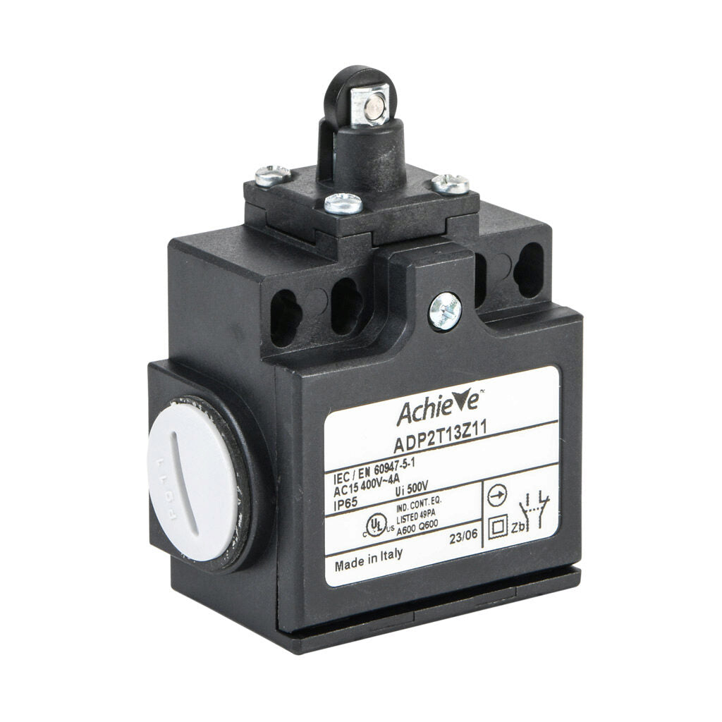 AchieVe IEC limit switch, metal plunger with metal roller, 90-degree adjustable head, (1) N.O./(1) N.C. contact(s), snap action, 20-22mm or 40-42mm hole spacing, plastic, (2) PG11 cable entries with (1) 1/2in NPT adapter.-ADP2T13Z11