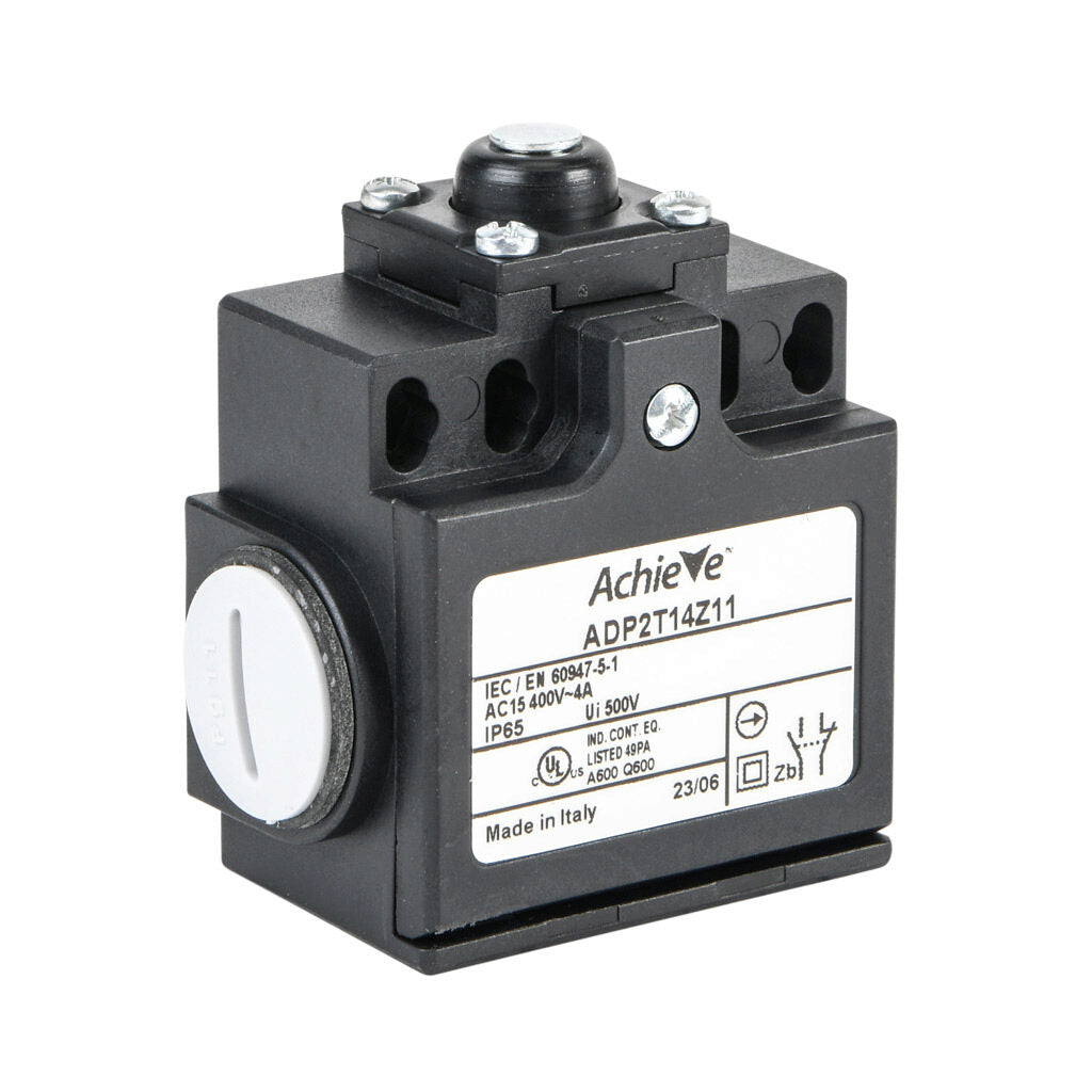 AchieVe IEC limit switch, metal plunger with metal roller and dust cap, 90-degree adjustable head, (1) N.O./(1) N.C. contact(s), snap action, 20-22mm or 40-42mm hole spacing, plastic, (2) PG11 cable entries with (1) 1/2in NPT adapter.-ADP2T14Z11