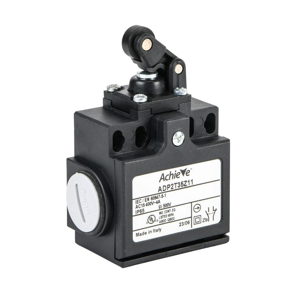AchieVe IEC limit switch, one-way horizontal lever with metal roller and dust cap, 90-degree adjustable head, (1) N.O./(1) N.C. contact(s), snap action, 20-22mm or 40-42mm hole spacing, plastic, (2) PG11 cable entries with (1) 1/2in NPT adapter.-ADP2T35Z11