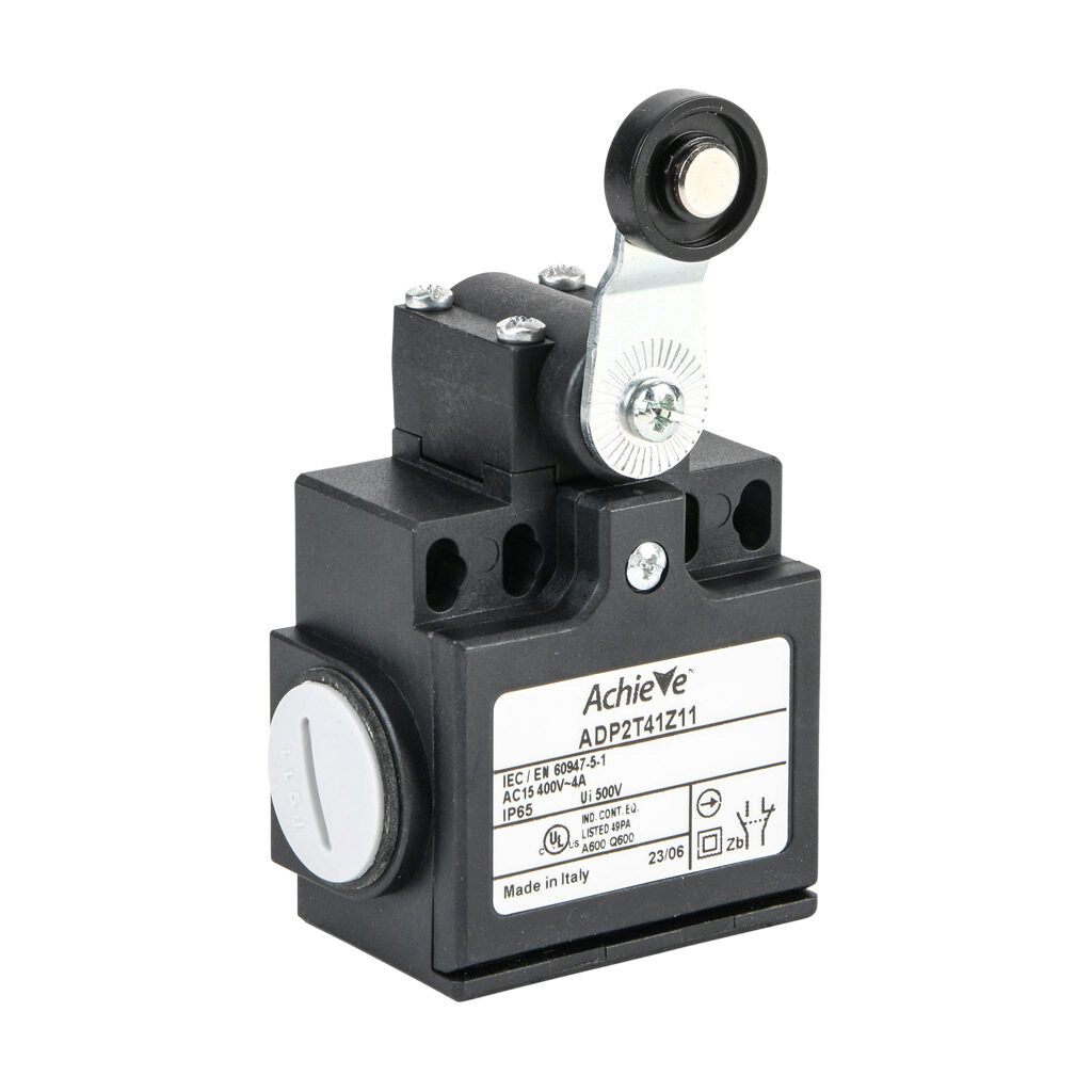 AchieVe IEC limit switch, side rotary lever with 18mm nylon roller, 90-degree adjustable head, (1) N.O./(1) N.C. contact(s), snap action, 20-22mm or 40-42mm hole spacing, plastic, (2) PG11 cable entries with (1) 1/2in NPT adapter.-ADP2T41Z11