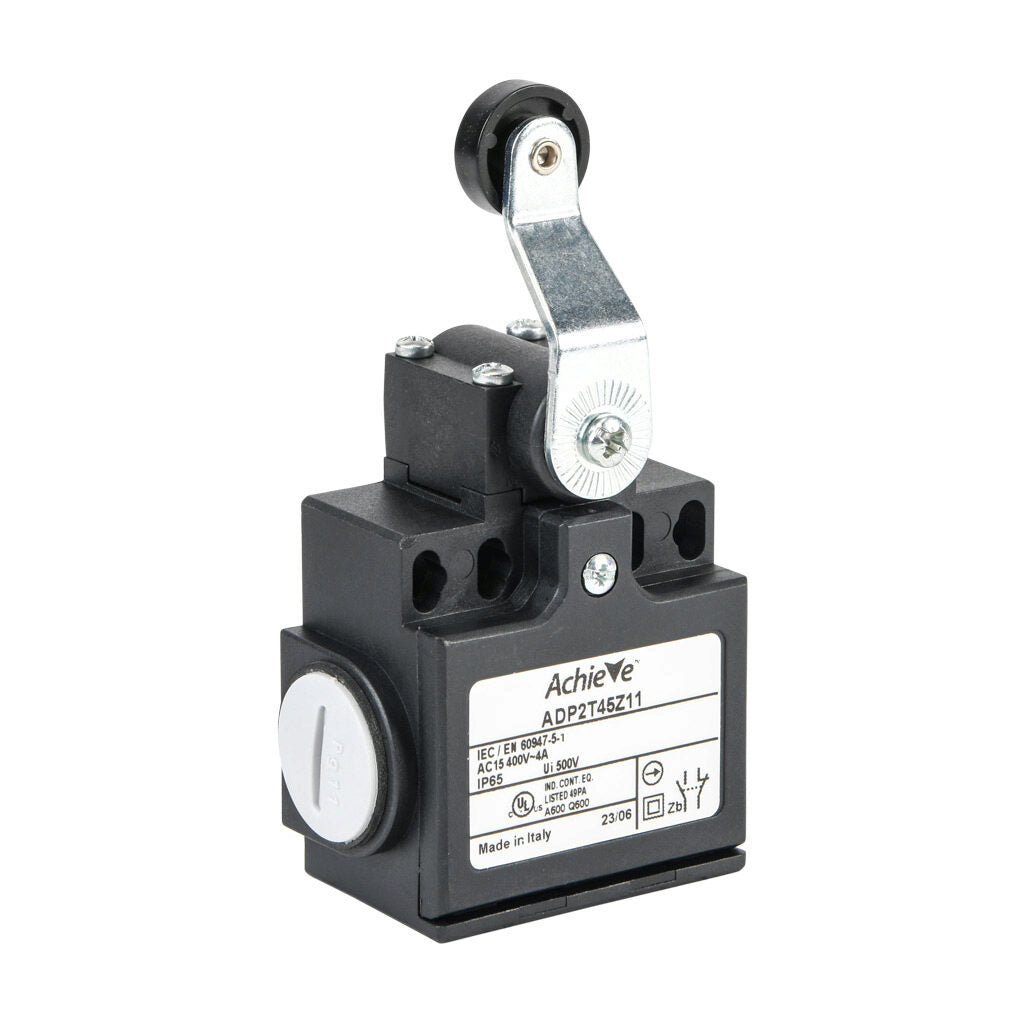AchieVe IEC limit switch, side rotary lever inward with 18mm nylon roller, 90-degree adjustable head, (1) N.O./(1) N.C. contact(s), snap action, 20-22mm or 40-42mm hole spacing, plastic, (2) PG11 cable entries with (1) 1/2in NPT adapter.-ADP2T45Z11