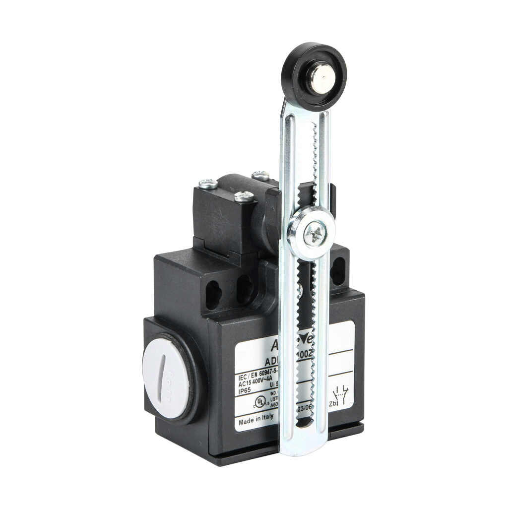 AchieVe IEC limit switch, side rotary 2mm step adjustable lever with 18mm nylon roller, 90-degree adjustable head, (1) N.O./(1) N.C. contact(s), snap action, 20-22mm or 40-42mm hole spacing, plastic, (2) PG11 cable entries with (1) 1/2in NPT adapter.-ADP2T5100Z11