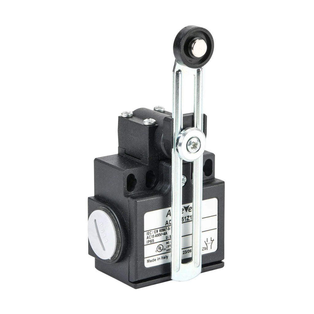 AchieVe IEC limit switch, side rotary adjustable lever with 18mm nylon roller, 90-degree adjustable head, (1) N.O./(1) N.C. contact(s), snap action, 20-22mm or 40-42mm hole spacing, plastic, (2) PG11 cable entries with (1) 1/2in NPT adapter.-ADP2T51Z11