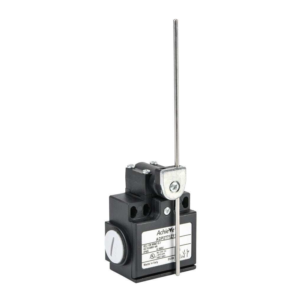 AchieVe IEC limit switch, side rotary adjustable 3mm stainless steel rod, 90-degree adjustable head, (1) N.O./(1) N.C. contact(s), snap action, 20-22mm or 40-42mm hole spacing, plastic, (2) PG11 cable entries with (1) 1/2in NPT adapter.-ADP2T71Z11