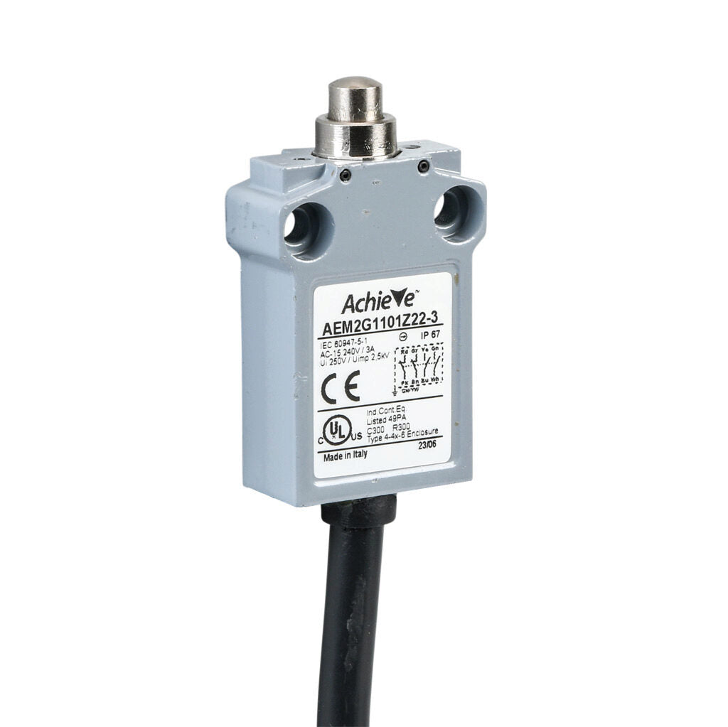 AchieVe compact limit switch, metal plunger, (2) N.O./(2) N.C. contact(s), snap action, 25mm hole spacing, zinc alloy, pigtail, 9.8ft/3m cable length, bottom exit.-AEM2G1101Z22-3