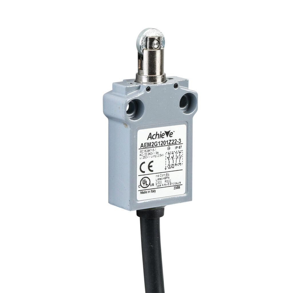 AchieVe compact limit switch, metal plunger with metal roller, (2) N.O./(2) N.C. contact(s), snap action, 25mm hole spacing, zinc alloy, pigtail, 9.8ft/3m cable length, bottom exit.-AEM2G1201Z22-3