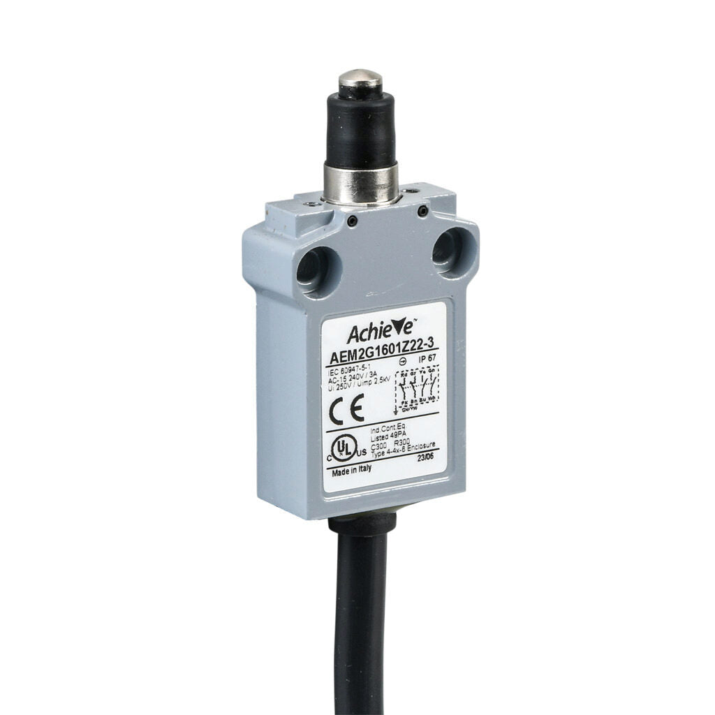 AchieVe compact limit switch, metal plunger with dust cap, (2) N.O./(2) N.C. contact(s), snap action, 25mm hole spacing, zinc alloy, pigtail, 9.8ft/3m cable length, bottom exit.-AEM2G1601Z22-3