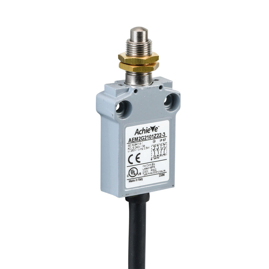 AchieVe compact limit switch, metal plunger with fixing nuts, (2) N.O./(2) N.C. contact(s), snap action, 25mm hole spacing, zinc alloy, pigtail, 9.8ft/3m cable length, bottom exit.-AEM2G2101Z22-3