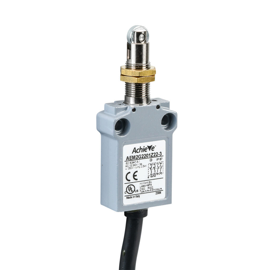 AchieVe compact limit switch, metal plunger with metal roller and fixing nuts, (2) N.O./(2) N.C. contact(s), snap action, 25mm hole spacing, zinc alloy, pigtail, 9.8ft/3m cable length, bottom exit.-AEM2G2201Z22-3