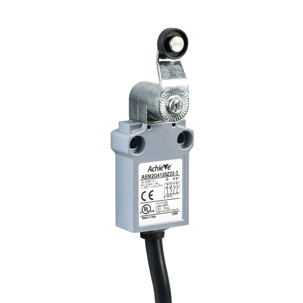 AchieVe compact limit switch, side rotary lever with 14mm nylon roller, (2) N.O./(2) N.C. contact(s), snap action, 25mm hole spacing, zinc alloy, pigtail, 9.8ft/3m cable length, bottom exit.-AEM2G4120Z22-3