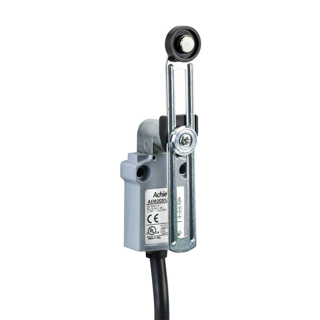 AchieVe compact limit switch, side rotary adjustable lever with 18mm nylon roller, (2) N.O./(2) N.C. contact(s), snap action, 25mm hole spacing, zinc alloy, pigtail, 9.8ft/3m cable length, bottom exit.-AEM2G5120Z22-3
