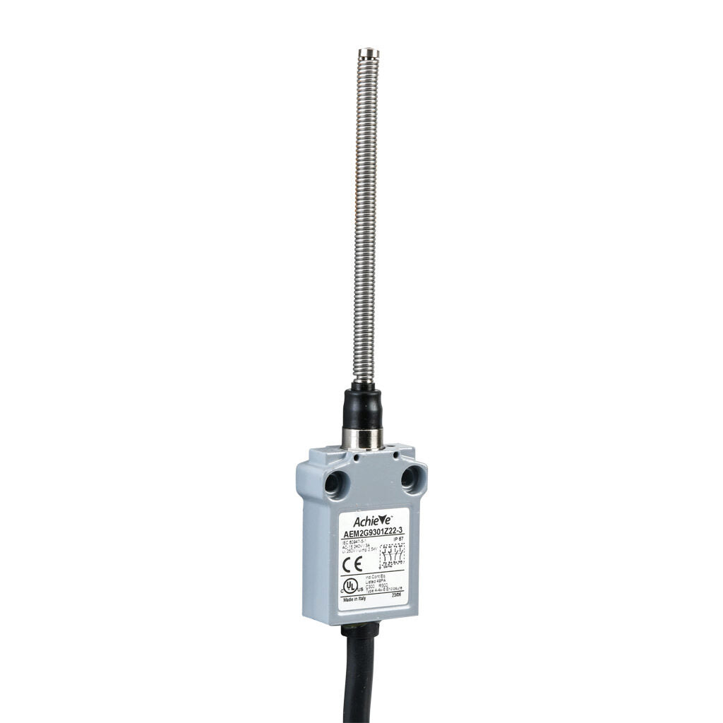 AchieVe compact limit switch, 360 degree stainless steel spring, (2) N.O./(2) N.C. contact(s), snap action, 25mm hole spacing, zinc alloy, pigtail, 9.8ft/3m cable length, bottom exit.-AEM2G9301Z22-3
