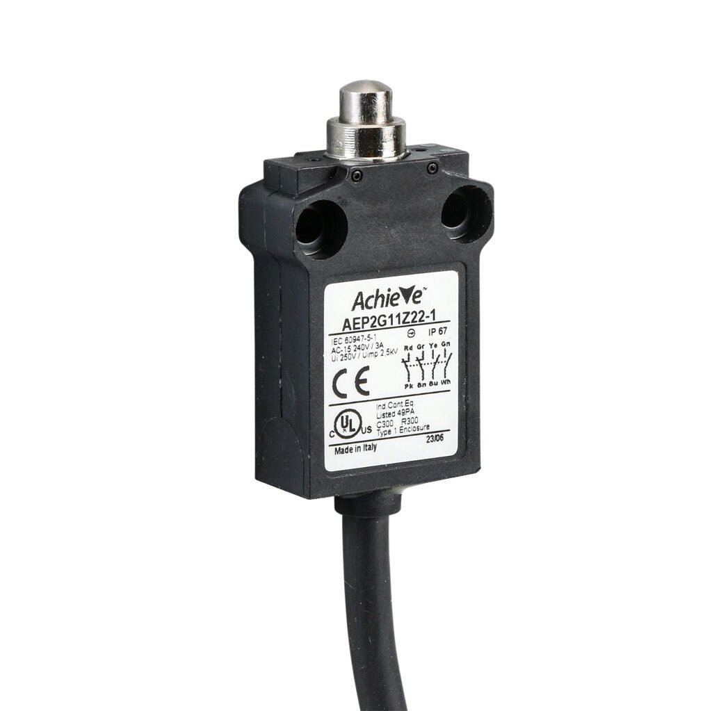AchieVe compact limit switch, metal plunger, (2) N.O./(2) N.C. contact(s), snap action, 25mm hole spacing, plastic, pigtail, 3.2ft/1m cable length, bottom exit.-AEP2G11Z22-1