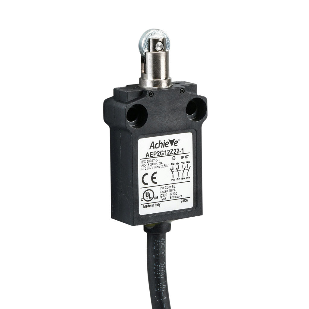 AchieVe compact limit switch, metal plunger with metal roller, (2) N.O./(2) N.C. contact(s), snap action, 25mm hole spacing, plastic, pigtail, 3.2ft/1m cable length, bottom exit.-AEP2G12Z22-1