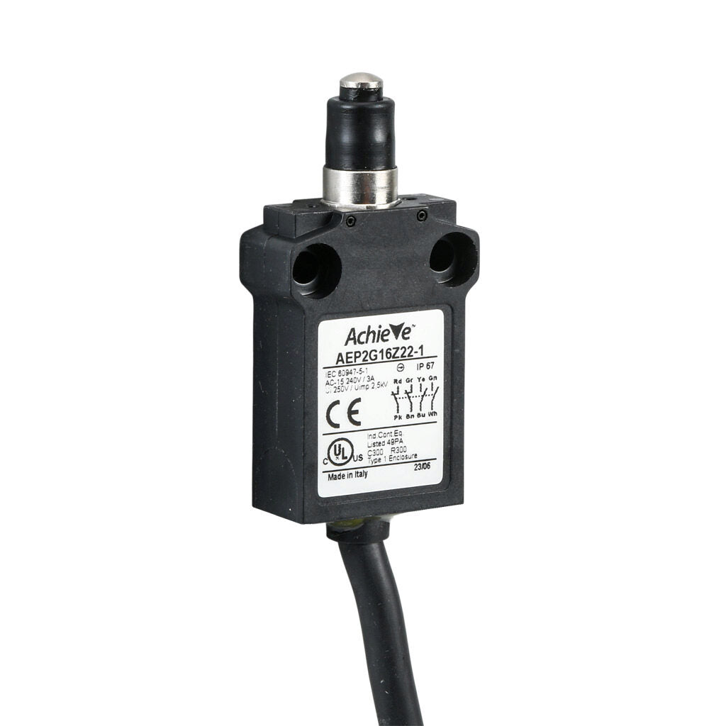 AchieVe compact limit switch, metal plunger with dust cap, (2) N.O./(2) N.C. contact(s), snap action, 25mm hole spacing, plastic, pigtail, 3.2ft/1m cable length, bottom exit.-AEP2G16Z22-1