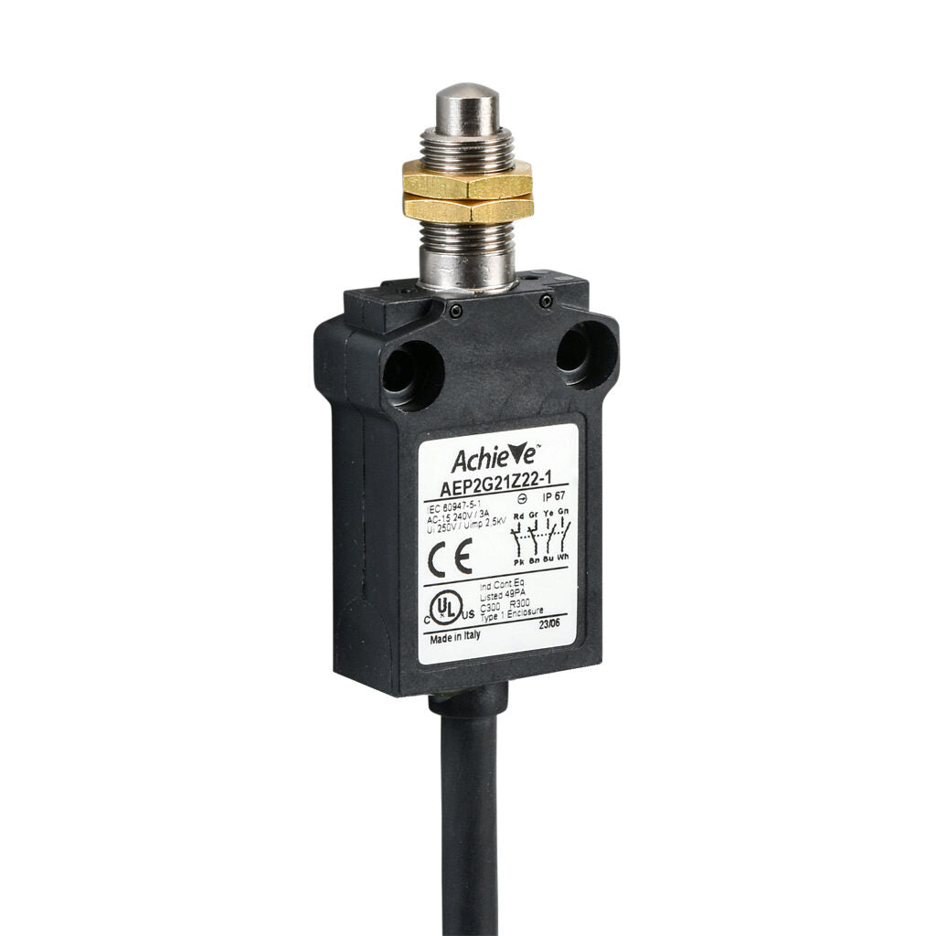 AchieVe compact limit switch, metal plunger with fixing nuts, (2) N.O./(2) N.C. contact(s), snap action, 25mm hole spacing, plastic, pigtail, 3.2ft/1m cable length, bottom exit.-AEP2G21Z22-1