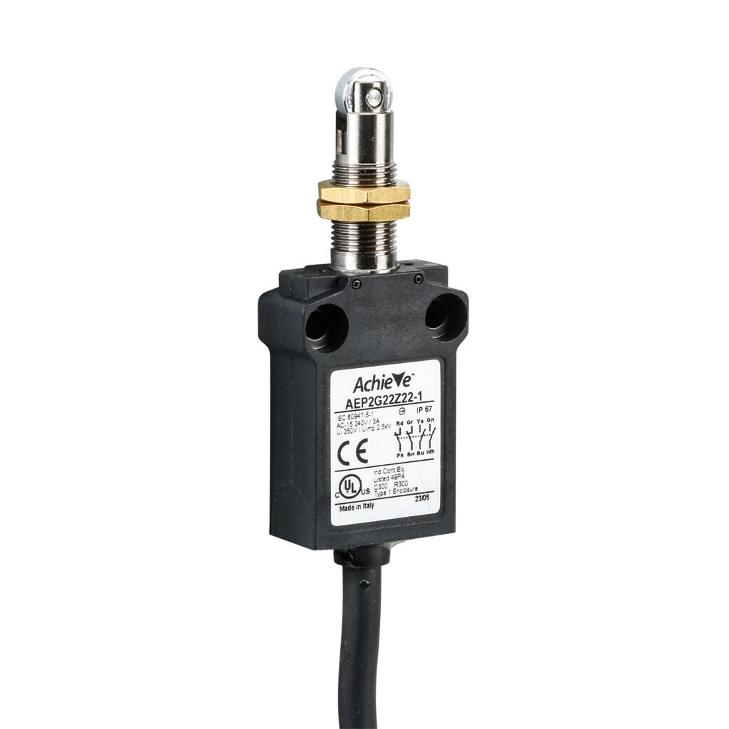 AchieVe compact limit switch, metal plunger with metal roller and fixing nuts, (2) N.O./(2) N.C. contact(s), snap action, 25mm hole spacing, plastic, pigtail, 3.2ft/1m cable length, bottom exit.-AEP2G22Z22-1