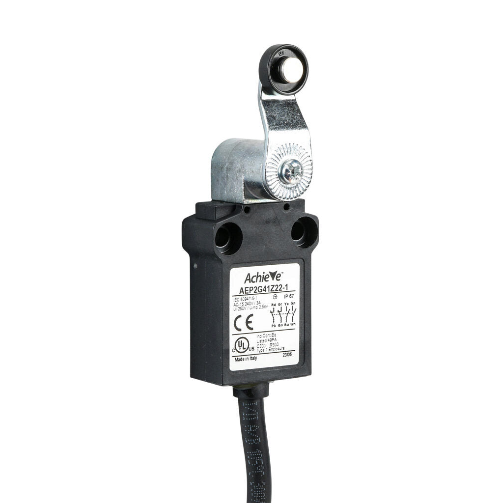 AchieVe compact limit switch, side rotary lever with 14mm nylon roller, (2) N.O./(2) N.C. contact(s), snap action, 25mm hole spacing, plastic, pigtail, 3.2ft/1m cable length, bottom exit.-AEP2G41Z22-1