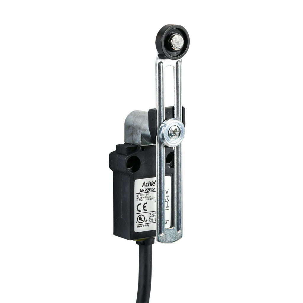 AchieVe compact limit switch, side rotary adjustable lever with 18mm nylon roller, (2) N.O./(2) N.C. contact(s), snap action, 25mm hole spacing, plastic, pigtail, 3.2ft/1m cable length, bottom exit.-AEP2G51Z22-1