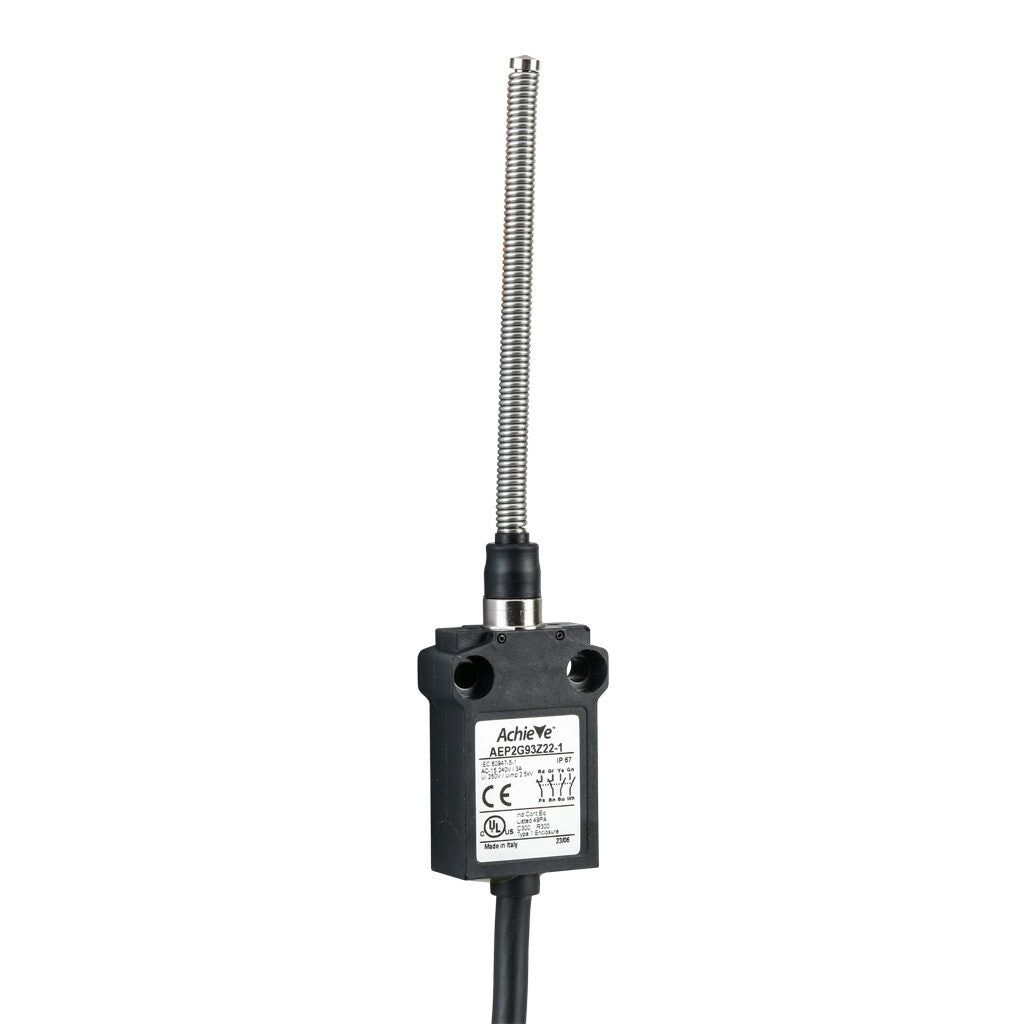 AchieVe compact limit switch, 360 degree stainless steel spring, (2) N.O./(2) N.C. contact(s), snap action, 25mm hole spacing, plastic, pigtail, 3.2ft/1m cable length, bottom exit.-AEP2G93Z22-1