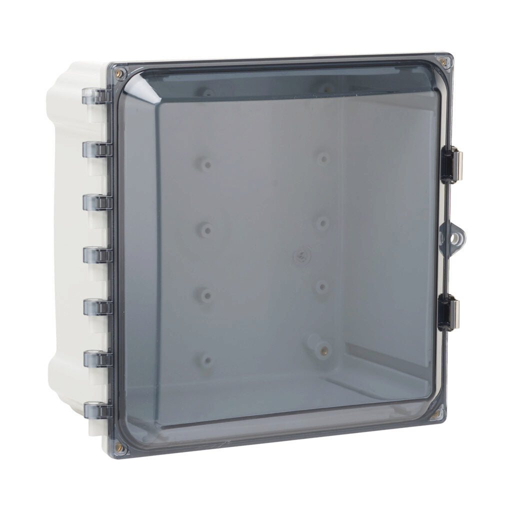 AttaBox Heartland series enclosure, NEMA 1/3R/4/4X/12, 10 x 10 x 6in (HxWxD), wall mount, polycarbonate, Pantone 7541 C light gray, smoked polycarbonate single-door, stainless steel quick-release latch.-AH10106CSS