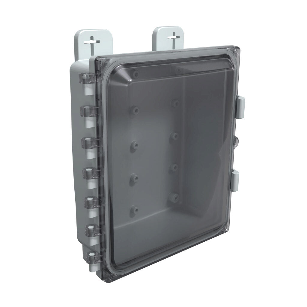 AttaBox Heartland SL series enclosure, NEMA 1/3R/4/4X/12, 10 x 8 x 3in (HxWxD), wall mount, polycarbonate, Pantone 7541 C light gray, smoked polycarbonate single-door, polycarbonate quick-release latch.-AH1083C