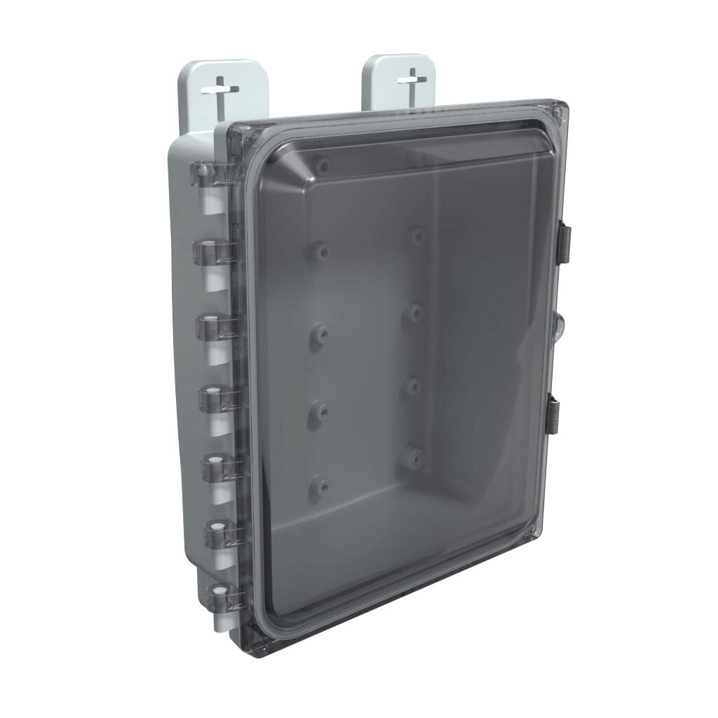 AttaBox Heartland SL series enclosure, NEMA 1/3R/4/4X/12, 10 x 8 x 3in (HxWxD), wall mount, polycarbonate, Pantone 7541 C light gray, smoked polycarbonate single-door, stainless steel quick-release latch.-AH1083CSS