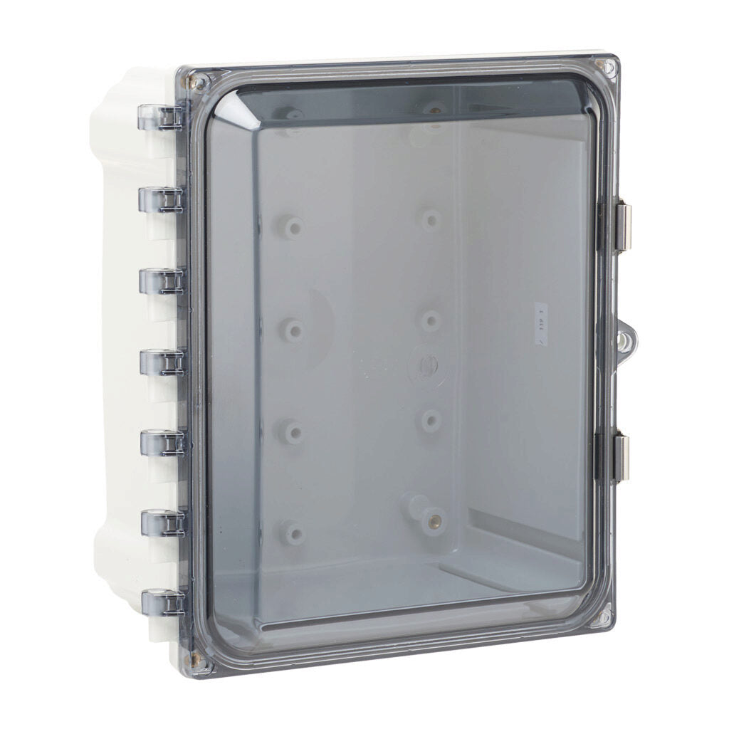 AttaBox Heartland series enclosure, NEMA 1/3R/4/4X/12, 10 x 8 x 4in (HxWxD), wall mount, polycarbonate, Pantone 7541 C light gray, smoked polycarbonate single-door, stainless steel quick-release latch.-AH1084CSS