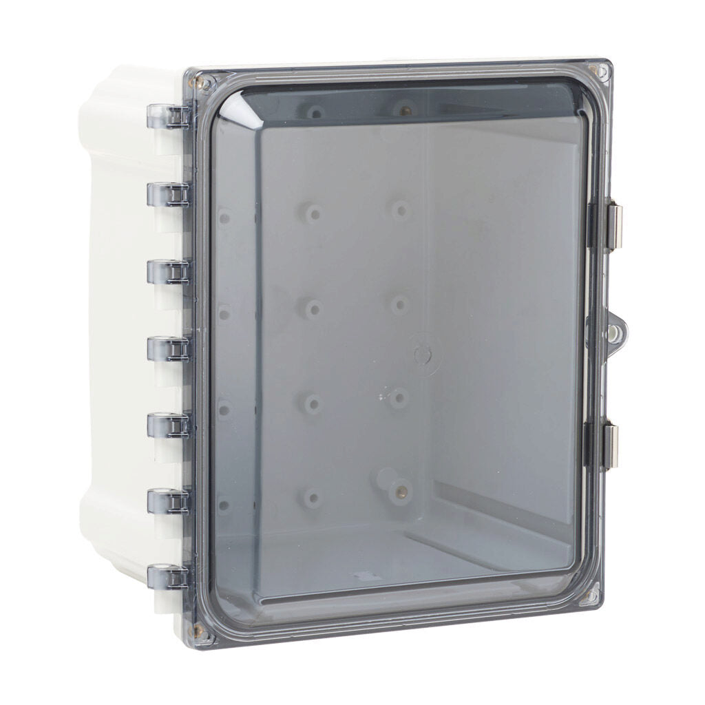 AttaBox Heartland series enclosure, NEMA 1/3R/4/4X/12, 10 x 8 x 6in (HxWxD), wall mount, polycarbonate, Pantone 7541 C light gray, smoked polycarbonate single-door, stainless steel quick-release latch.-AH1086CSS