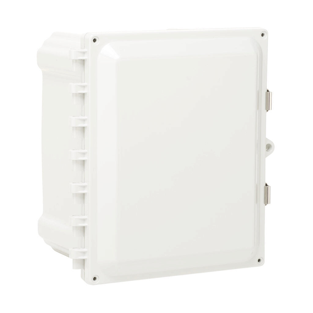 AttaBox Heartland series enclosure, NEMA 1/3R/4/4X/12, 10 x 8 x 6in (HxWxD), wall mount, polycarbonate, Pantone 7541 C light gray, single-door, stainless steel quick-release latch.-AH1086SS