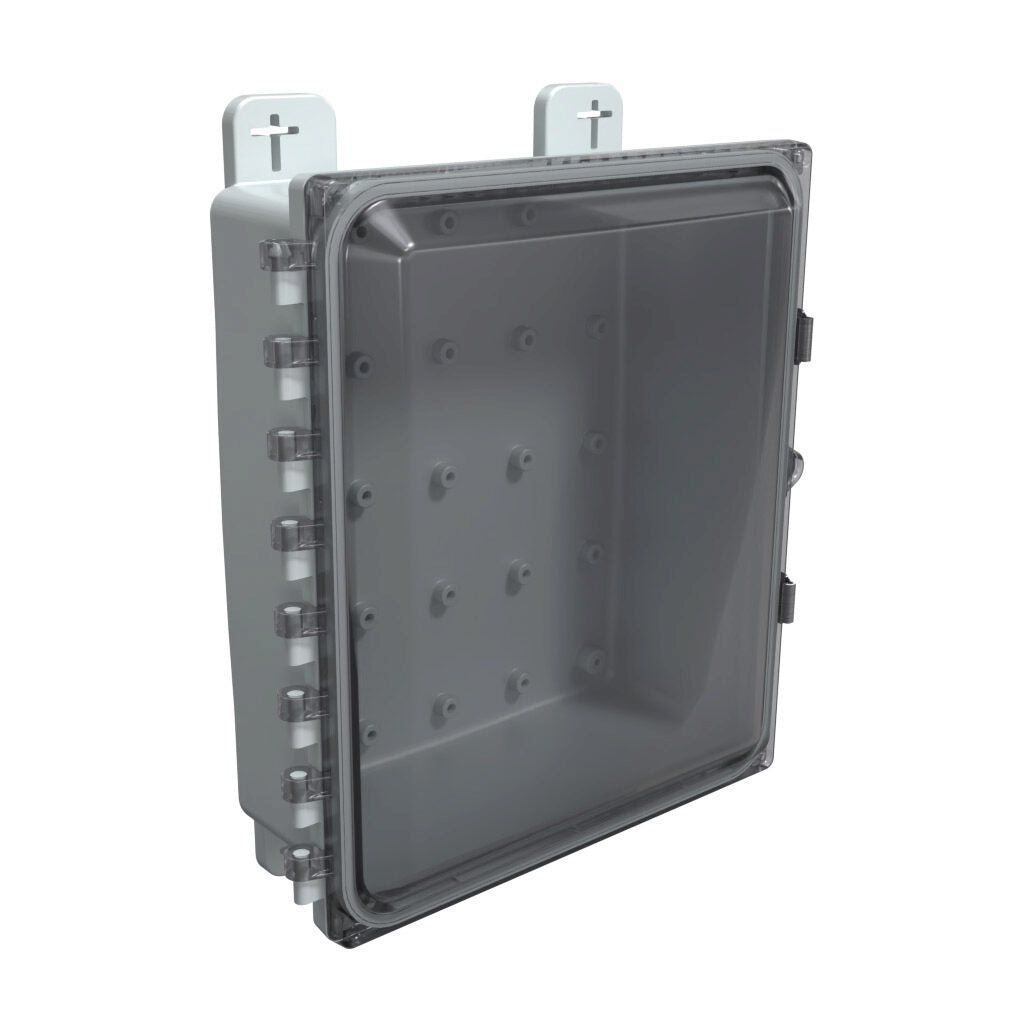 AttaBox Heartland SL series enclosure, NEMA 1/3R/4/4X/12, 12 x 10 x 4in (HxWxD), wall mount, polycarbonate, Pantone 7541 C light gray, smoked polycarbonate single-door, stainless steel quick-release latch.-AH12104CSS