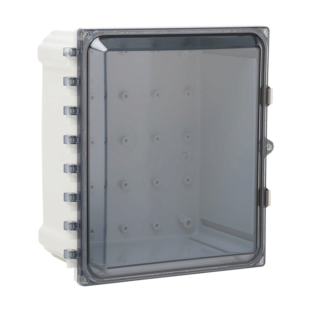AttaBox Heartland series enclosure, NEMA 1/3R/4/4X/12, 12 x 10 x 6in (HxWxD), wall mount, polycarbonate, Pantone 7541 C light gray, smoked polycarbonate single-door, stainless steel quick-release latch.-AH12106CSS