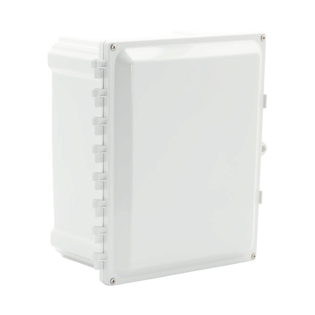 AttaBox Heartland series enclosure, NEMA 1/3R/4/4X/6P/12, 12 x 10 x 6in (HxWxD), wall mount, polycarbonate, Pantone 7541 C light gray, hinged screw cover.-AH12106HW