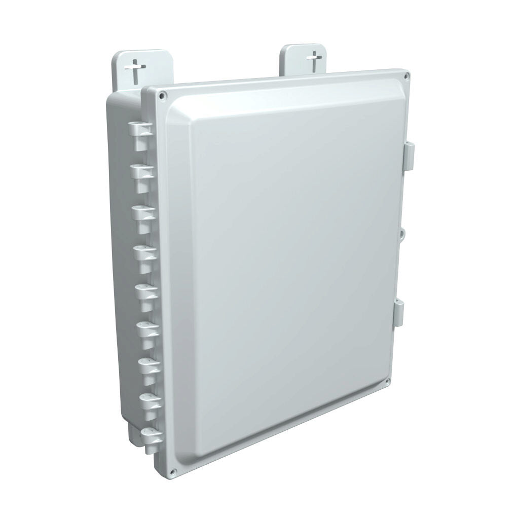 AttaBox Heartland SL series enclosure, NEMA 1/3R/4/4X/12, 14 x 12 x 4in (HxWxD), wall mount, polycarbonate, Pantone 7541 C light gray, single-door, polycarbonate quick-release latch.-AH14124