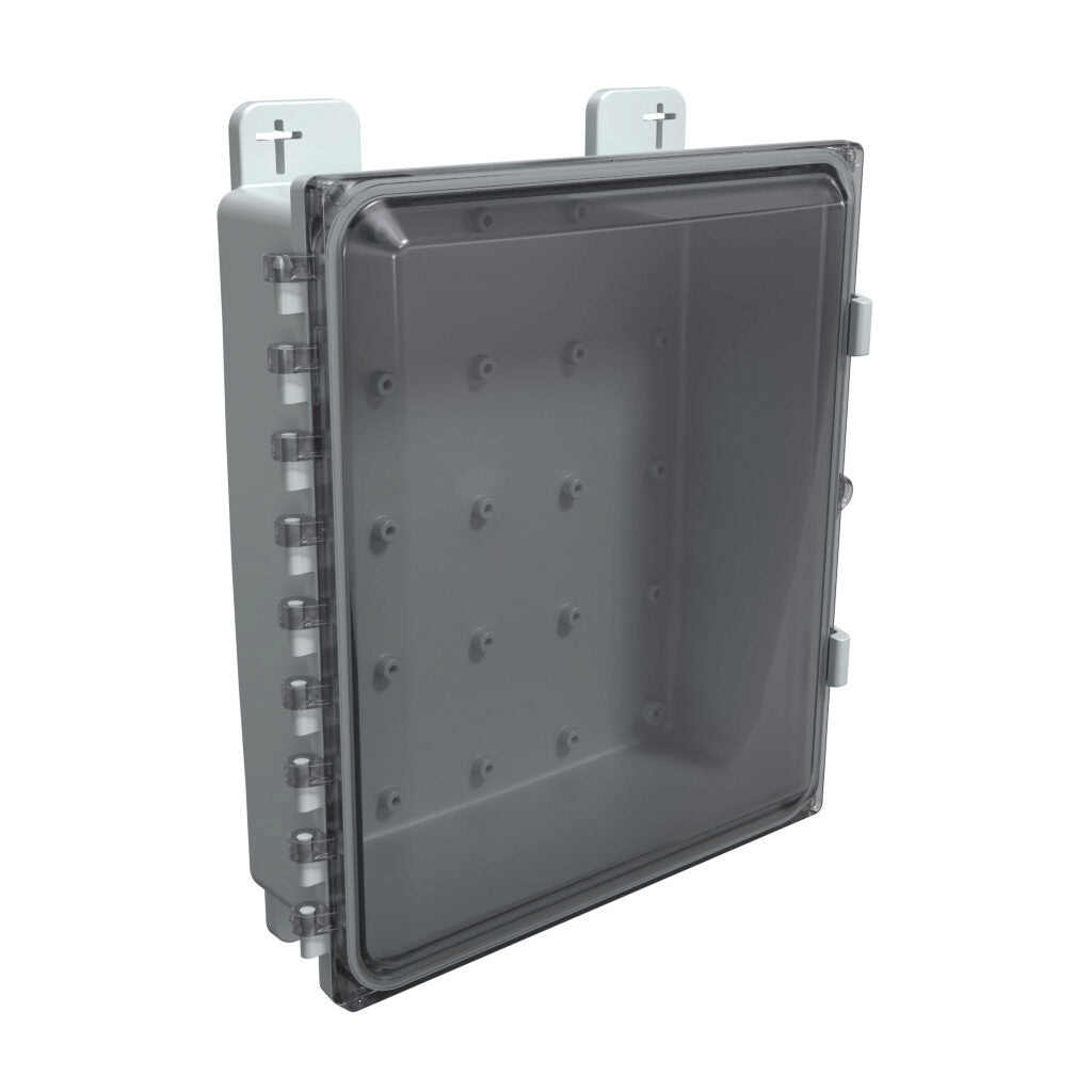 AttaBox Heartland SL series enclosure, NEMA 1/3R/4/4X/12, 14 x 12 x 4in (HxWxD), wall mount, polycarbonate, Pantone 7541 C light gray, smoked polycarbonate single-door, polycarbonate quick-release latch.-AH14124C
